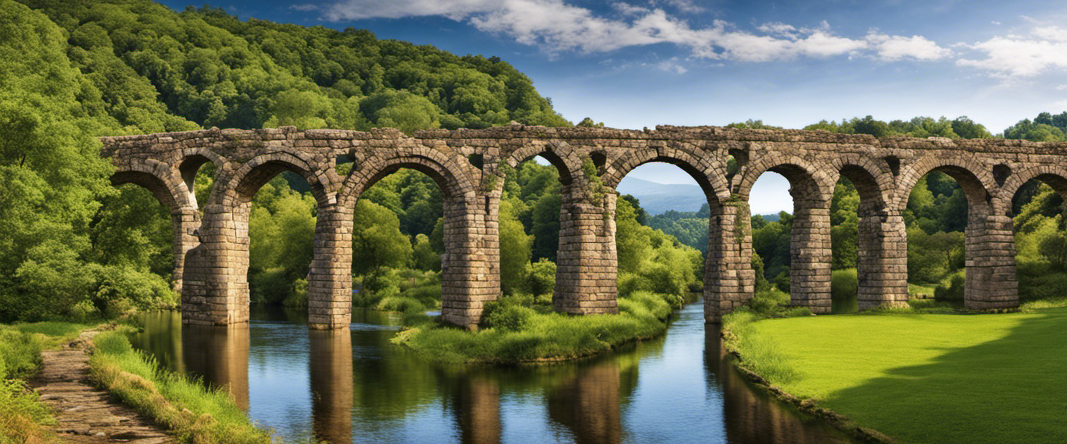 An image showcasing the intricate architectural design of an ancient aqueduct, with arched stone structures towering over a serene landscape, water flowing gracefully through the meticulously crafted channels, and vibrant flora thriving along its path