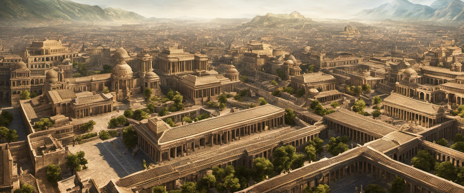 An image showcasing the intricate grid-like layout of an ancient city, with well-preserved roads, perfectly aligned buildings, and strategically placed public spaces
