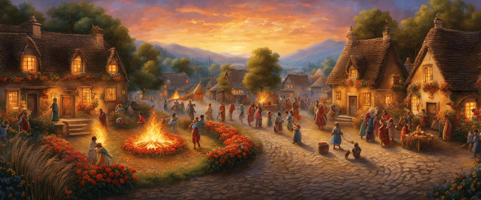An image that portrays a vibrant scene of a bonfire-lit village square, adorned with wreaths made of wheat and flowers