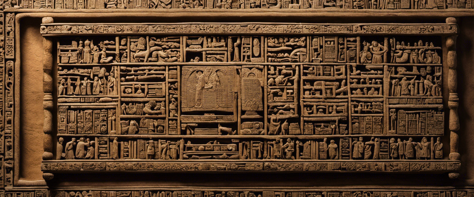 An image depicting an intricately carved stone tablet, covered in hieroglyphs, resting on a weathered wooden shelf