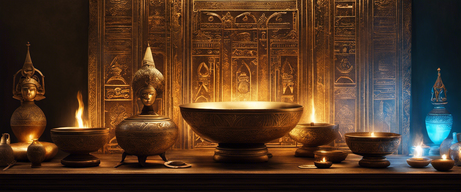 An image of a serene, dimly lit room adorned with antique Tibetan singing bowls, Egyptian harps, and Greek lyres, where ethereal sounds swirl around a figure immersed in deep meditation