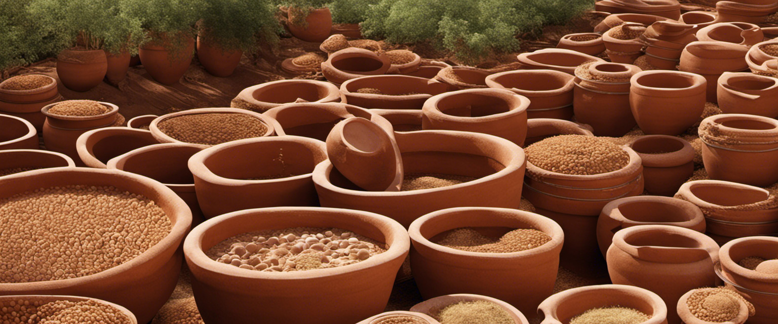 An image depicting an elaborate system of terracotta pots buried in the ground, connected by narrow channels, collecting and distributing precious water in arid regions