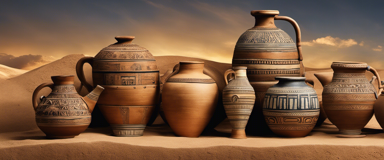 An image showcasing a collage of ancient water purification methods: a Mesopotamian clay pot filter, an Egyptian sand filter, a Greek ceramic pitcher filter, and a Roman aqueduct