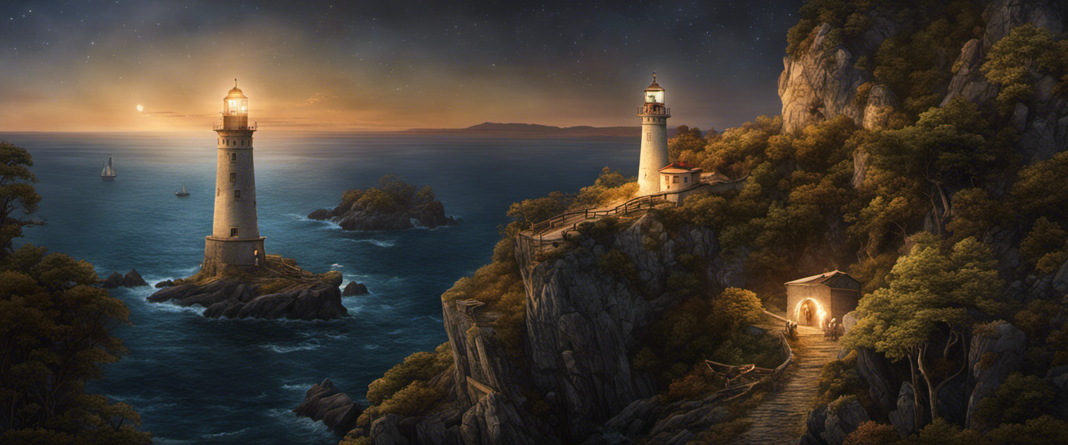 An image that captures the essence of ancient navigation techniques: a skilled navigator standing atop a rocky cliff, using a sextant to measure celestial bodies, while a distant lighthouse beacon illuminates the night sky