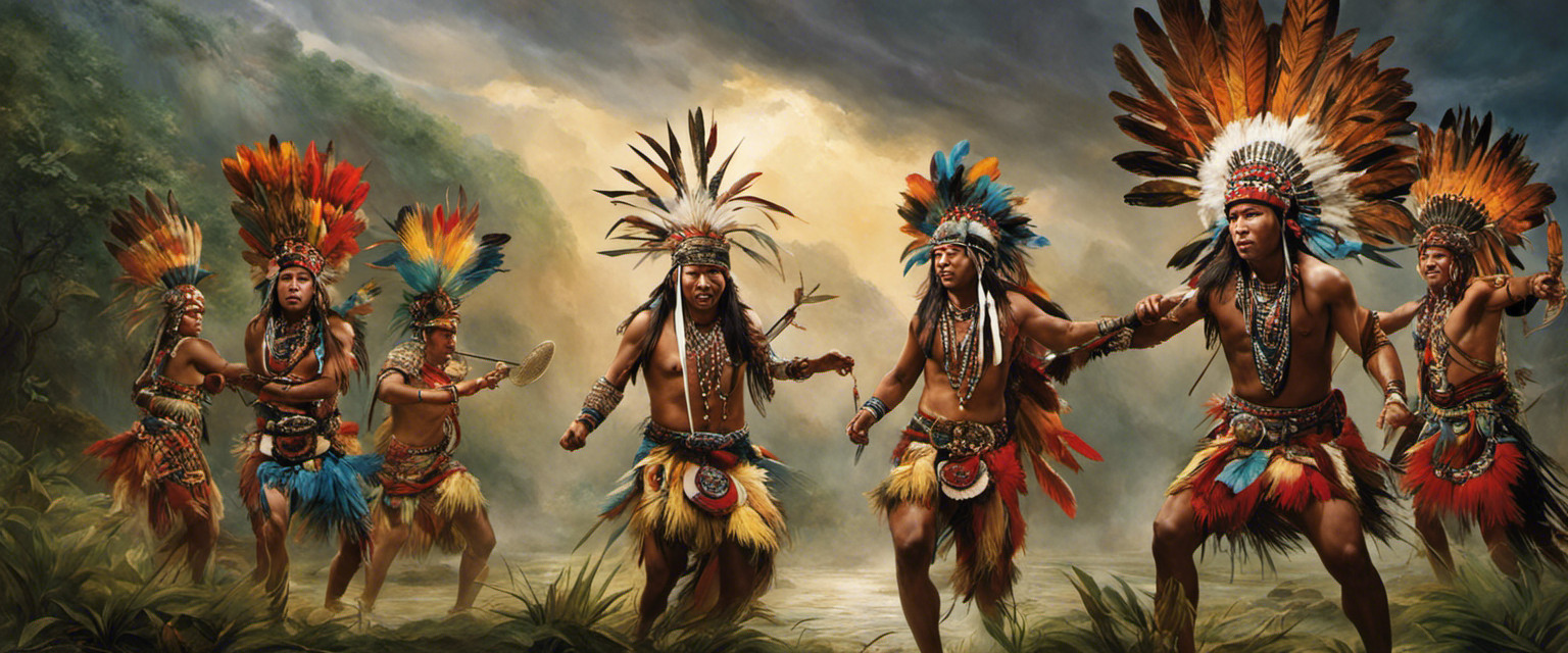 An image that captures the essence of ancient rain dances and rituals, featuring vivid depictions of shamans adorned in intricate feather headdresses, rhythmically swaying to the beat of tribal drums under a stormy sky