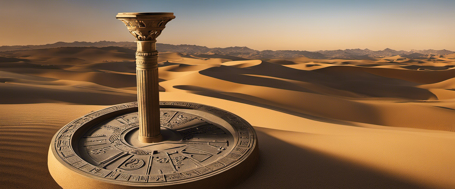 An image depicting a sundial casting shadows on a stone pillar, surrounded by intricate hieroglyphs, with a mysterious sand timer resting nearby, revealing the intriguing ancient practices of timekeeping before clocks