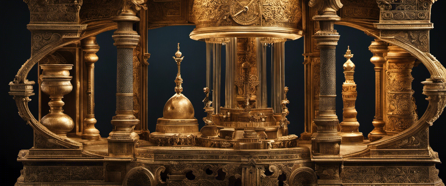 An image showcasing an ancient water clock, its ornate glass vessel filled with water, as droplets trickle down a carved stone structure, capturing the intricate process of timekeeping in ancient civilizations