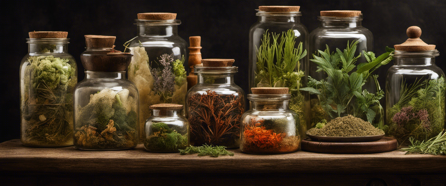 An image resembling an aged, weathered parchment with delicate illustrations of ancient hands meticulously preparing herbal concoctions in dimly lit chambers, surrounded by shelves stacked with jars filled with exotic, dried herbs