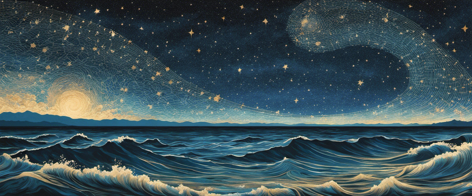 An image of a serene night sky over a vast ocean, with a mesmerizing constellation map meticulously woven into the waves, symbolizing the ancient art of celestial navigation at sea