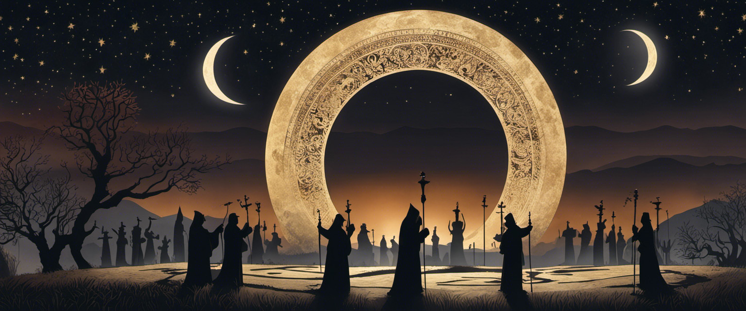 An image depicting a mysterious ancient ritual: In the moonlit night, silhouettes of hooded figures encircle a stone circle, holding lit candles and casting intricate shadow patterns under the celestial dance of a full moon