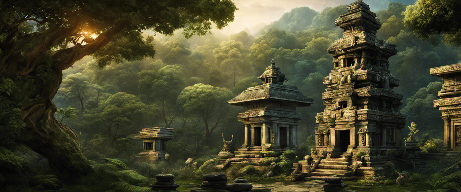 An image that captures the mysterious allure of ancient equinox rituals: a crumbling stone temple stands amidst a lush forest, its entrance adorned with intricate carvings depicting celestial alignments and ceremonial offerings