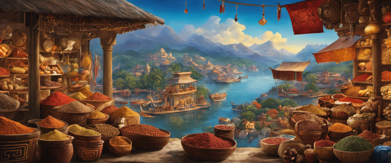 An image that captures the essence of ancient barter systems, depicting intricate handcrafted goods like exotic spices, precious gems, and unique artifacts, surrounded by a backdrop of bustling marketplaces and diverse cultures