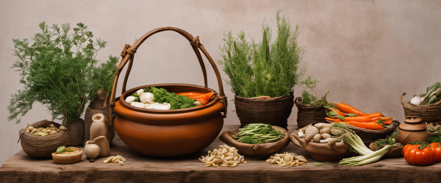 An image showcasing an array of ancient preservation techniques: a clay pot filled with pickled vegetables, a hanging row of dried herbs, and a beautifully woven basket filled with smoked fish