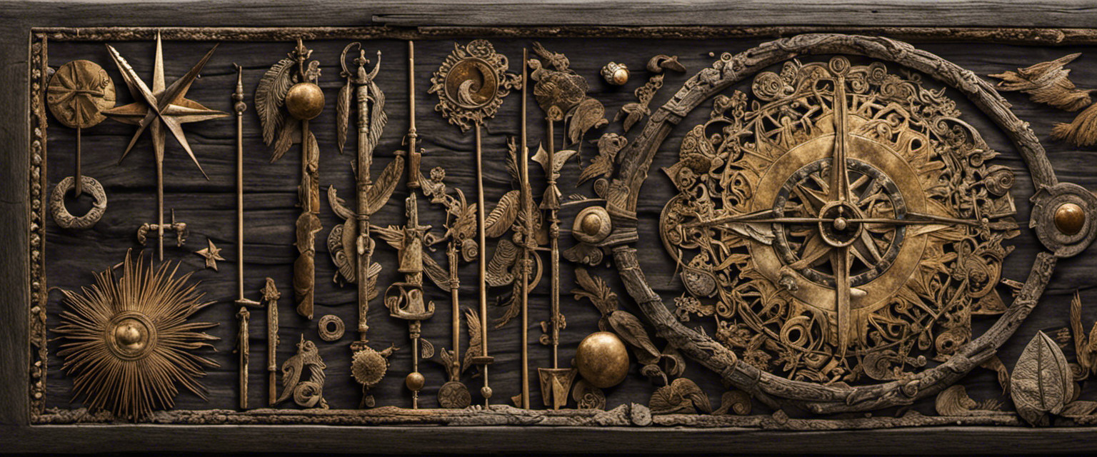 An image of a weathered stone tablet covered in fading symbols of sun, moon, and stars, surrounded by feathered quills, wooden dowsing rods, and a tattered weather vane