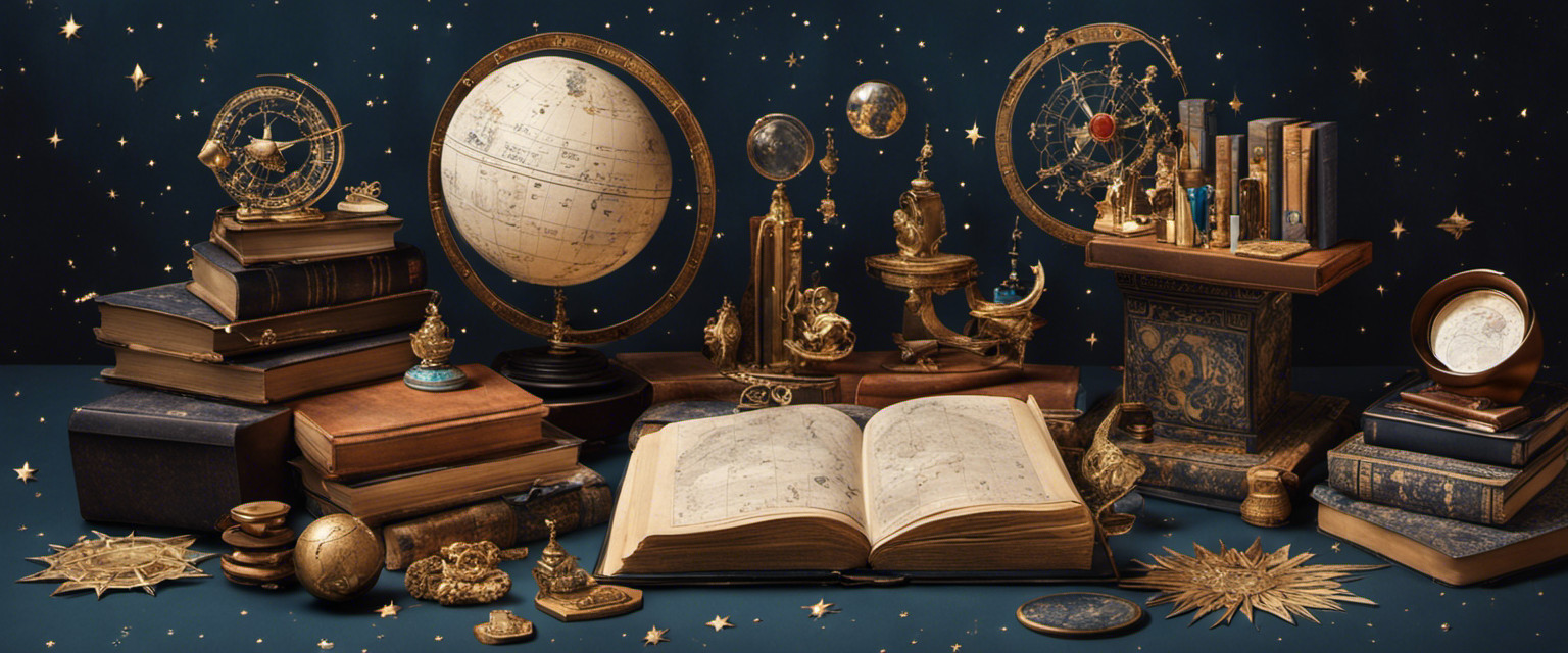 An image featuring a cluttered desk with a stack of astrology books, an outdated star chart, a crystal ball, and a collection of zodiac trinkets, portraying the whimsical yet futile obsession with astrology in pop culture