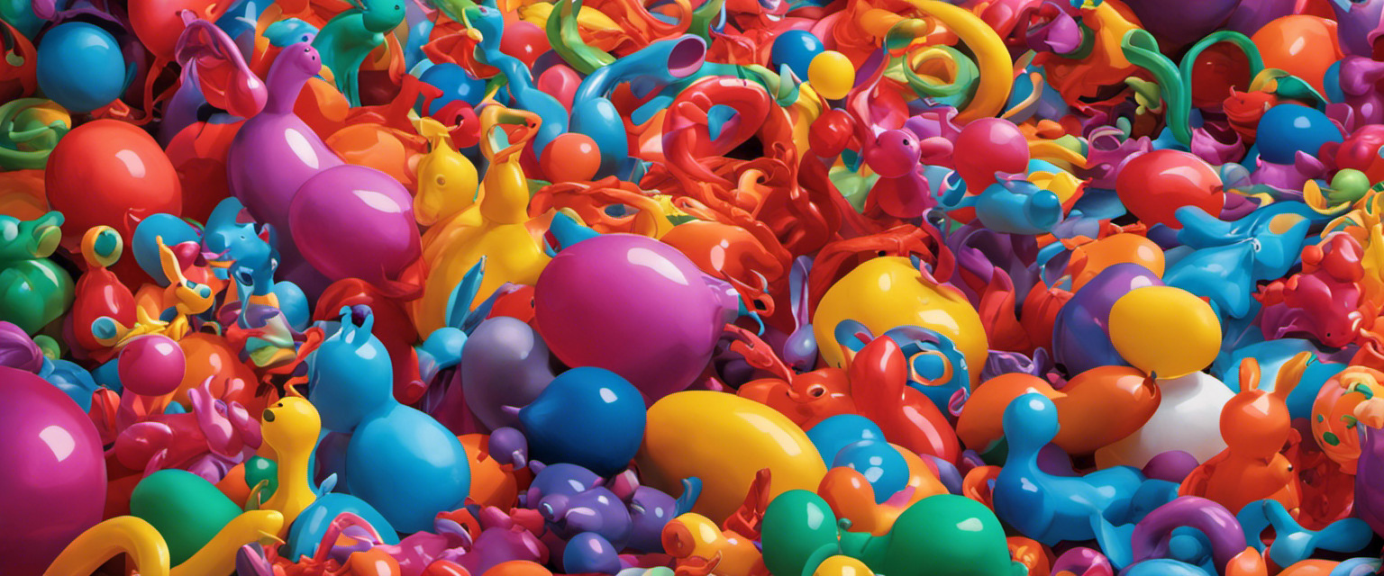 An image of a chaotic jumble of deflated balloon animals, their twisted shapes and vibrant colors entangled in a messy heap, symbolizing the absurdity and uselessness of our knowledge about these whimsical creations