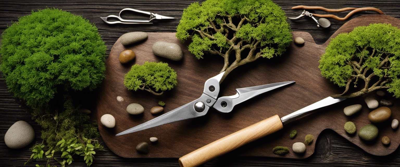 An image showcasing a pair of delicate bonsai shears, covered in tiny green leaf fragments, resting on a wooden bonsai tray filled with meticulously arranged miniature tools, moss, and smooth river stones