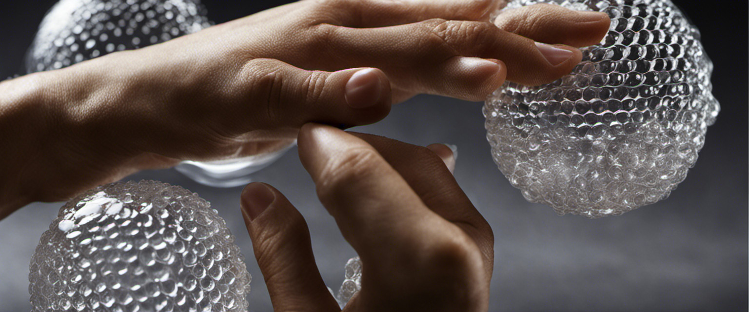 An image showcasing a pair of hands delicately pinching a bubble on bubble wrap, as the fingers exert gentle pressure, capturing the anticipation and precision involved in the art of bubble wrap popping