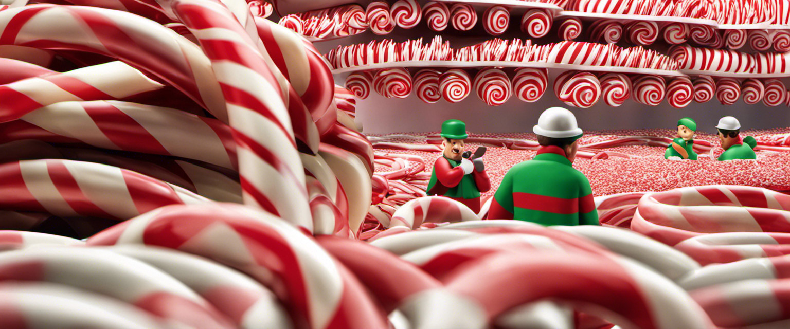 An image featuring a bustling candy cane factory, with workers meticulously twisting red and white striped sugar canes into perfectly curved shapes
