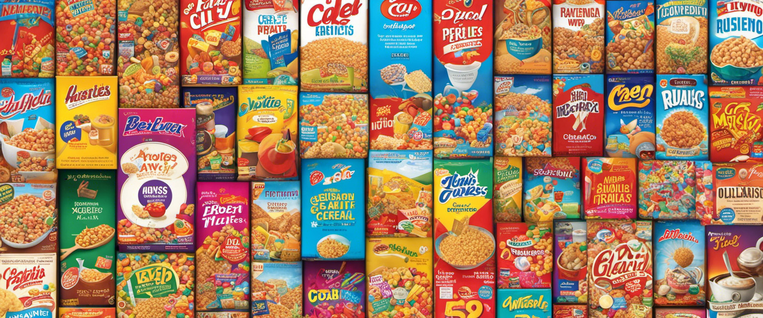 An image showcasing a pile of cereal boxes, each adorned with vibrant and eye-catching designs, depicting various useless facts about cereal brands, nutritional information, and quirky trivia, forming a colorful mosaic of knowledge