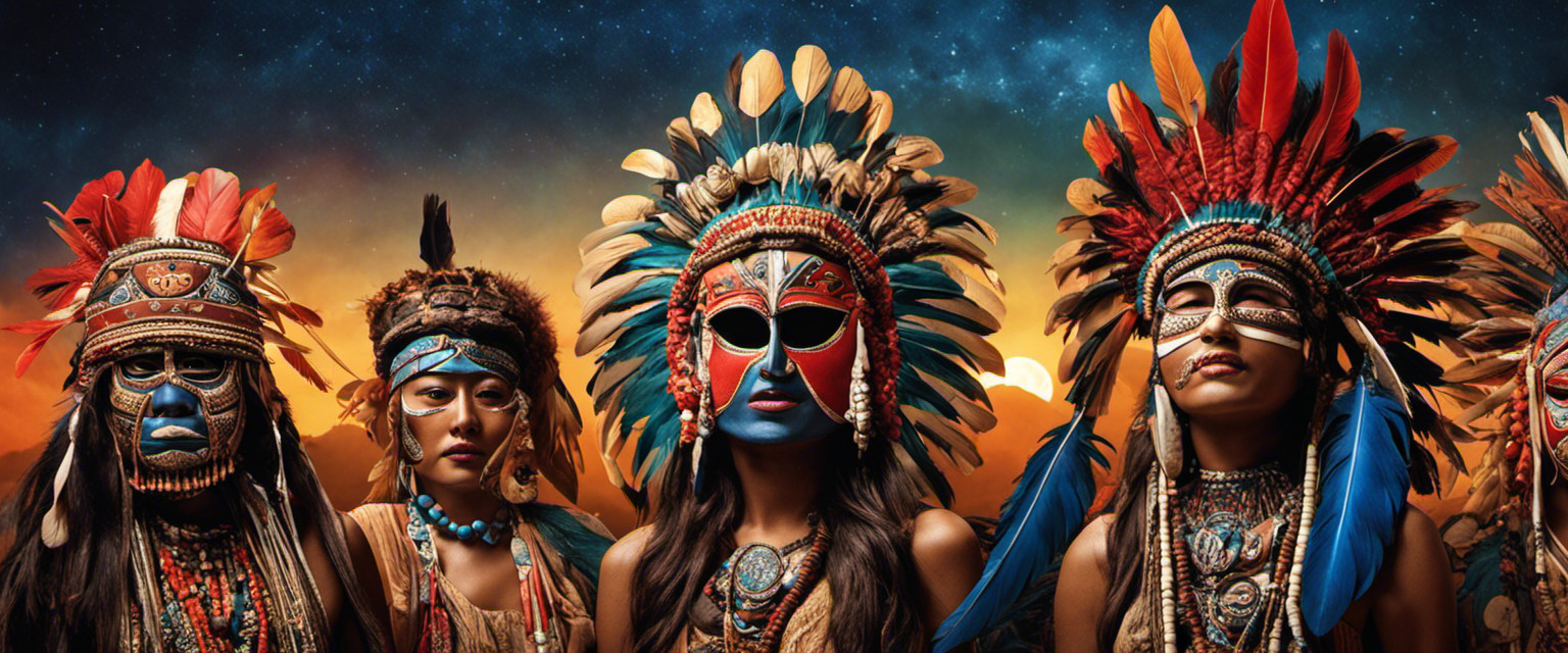 An image capturing the mystique of tribal mask ceremonies, showcasing an intricately carved wooden mask adorned with vibrant feathers and shells, surrounded by tribal members in traditional attire, immersed in a captivating dance under a moonlit sky