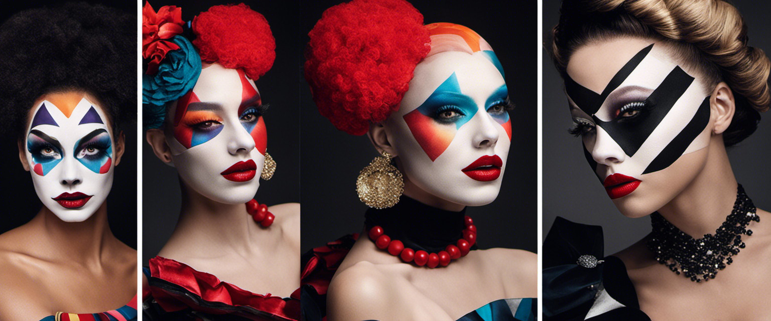 An image showcasing the evolution of clown makeup, starting from the traditional white base with exaggerated red lips and rosy cheeks, gradually transforming into avant-garde designs with vibrant colors, geometric patterns, and intricate details