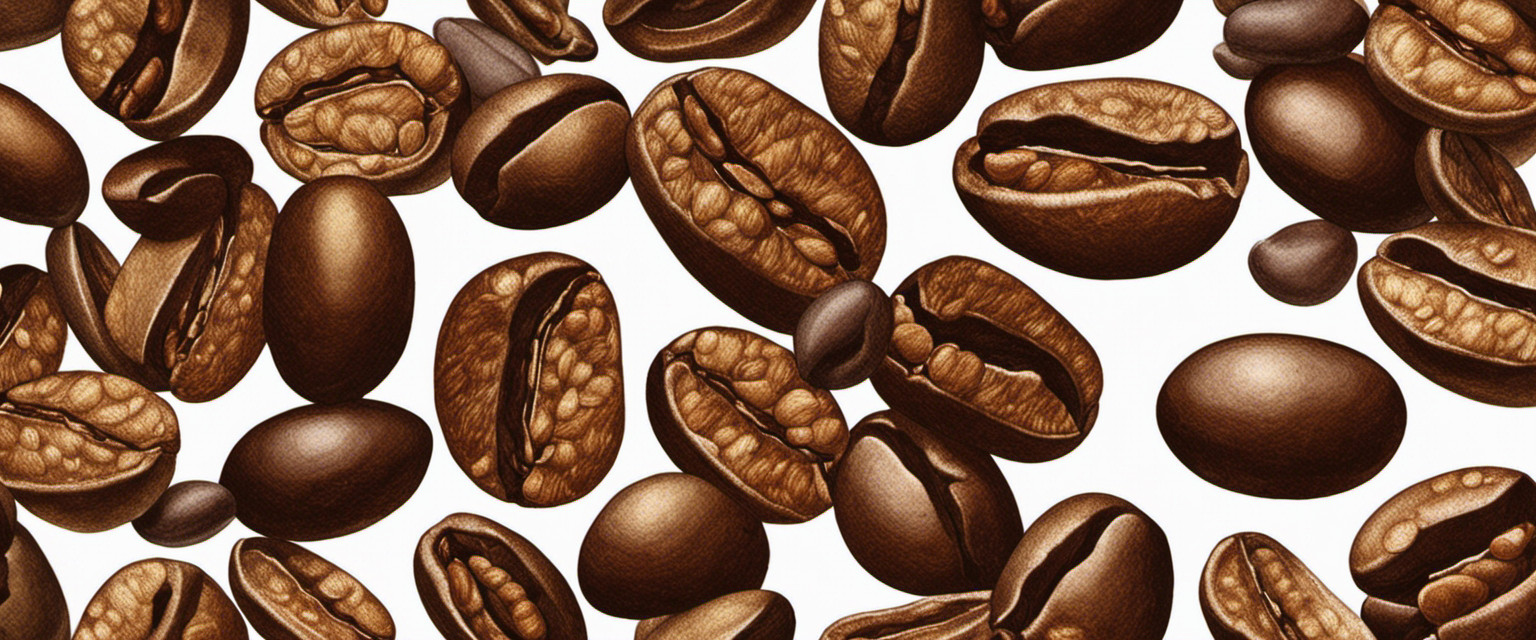 An image capturing the intricate dance of coffee beans swirling in a roaster, their surfaces glistening with golden hues