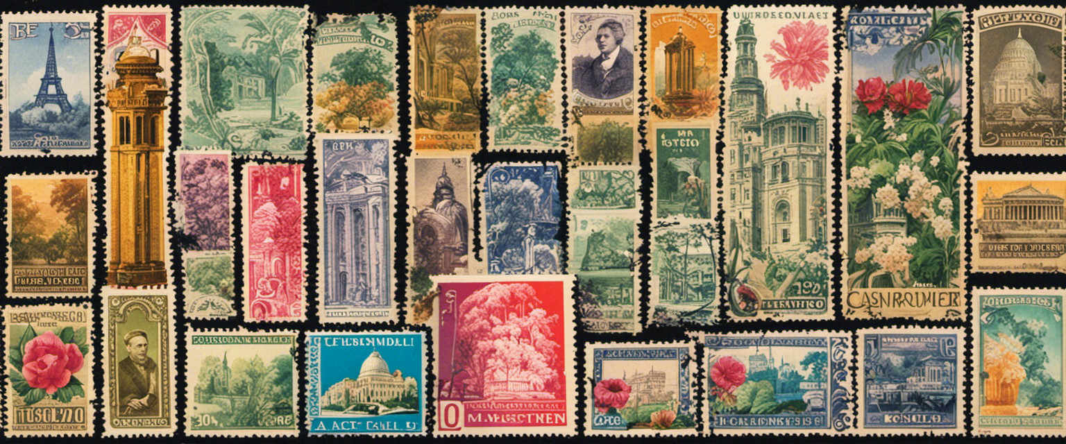 An image showcasing a vibrant collage of various collectible stamp designs