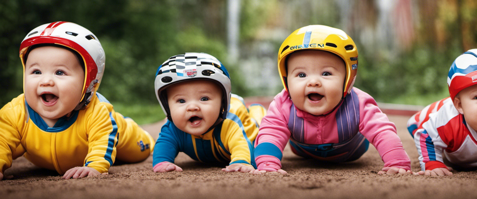 An image capturing the absurdity of competitive baby crawling races, with chubby-cheeked infants decked out in colorful racing gear, determined expressions on their faces, and a comical mix of crawling styles