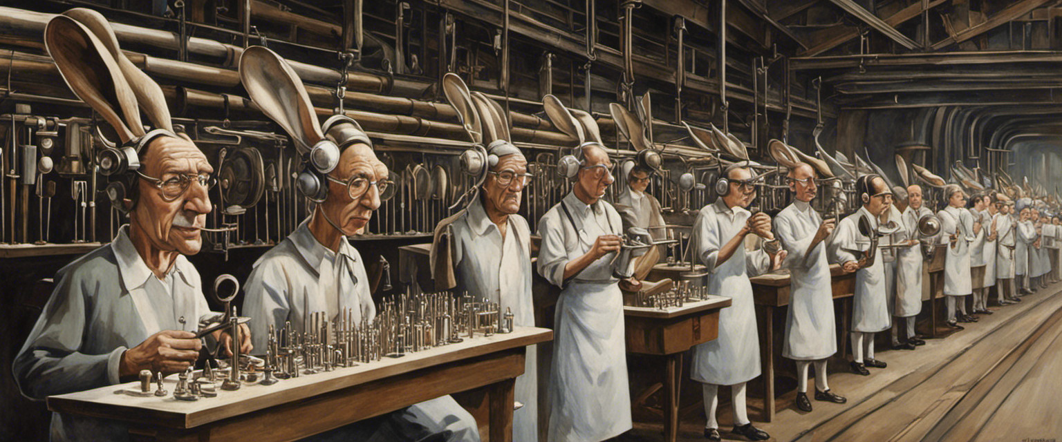 An image depicting a whimsical assembly line of people with exaggeratedly long ears, each meticulously lowering them with precision tools