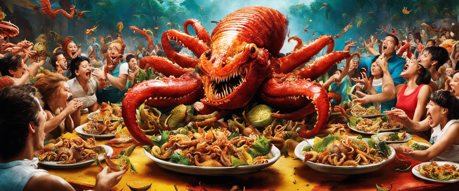 An image showcasing a chaotic eating competition, with contestants devouring bizarre foods like scorpions, durians, and live octopuses