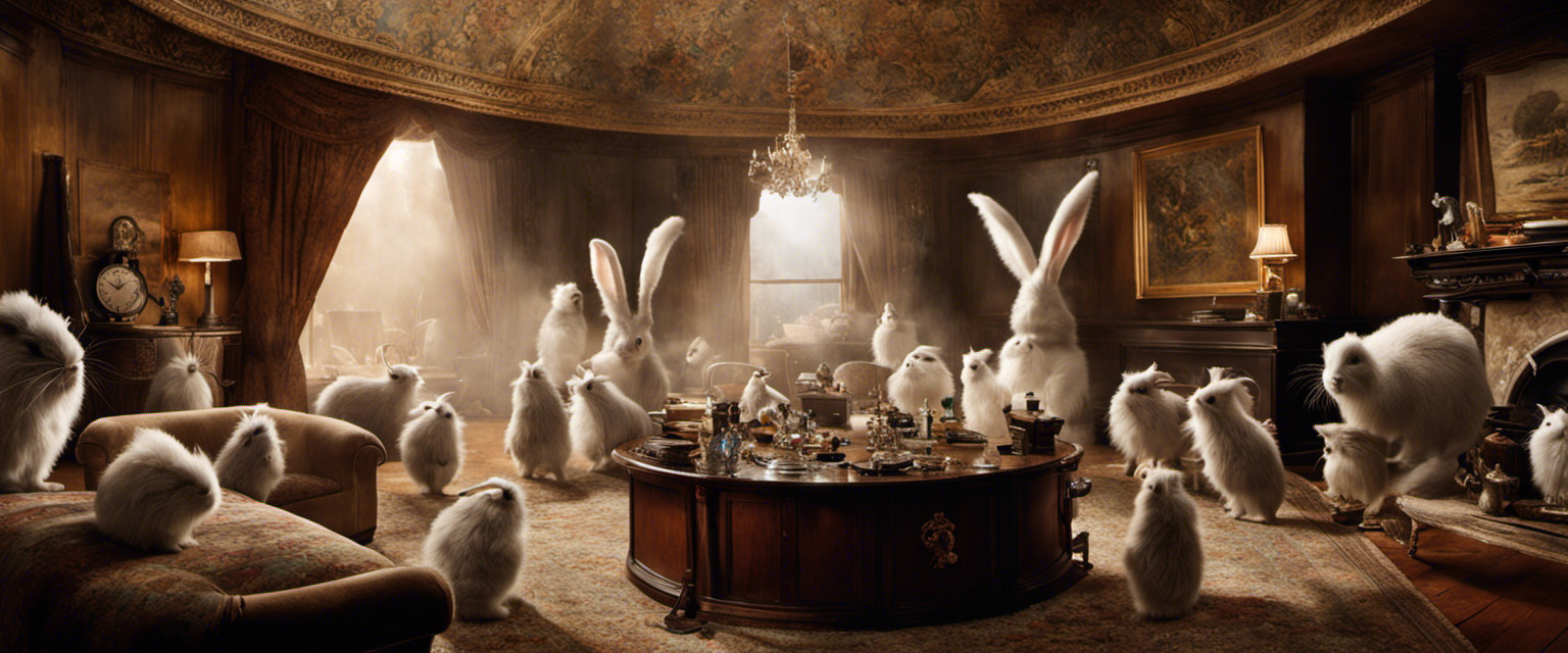 An image capturing the absurdity of Competitive Household Dust Bunny Size Contests: A cluttered living room, towering dust bunnies competing for glory on a makeshift stage, judges with magnifying glasses, and spectators in awe