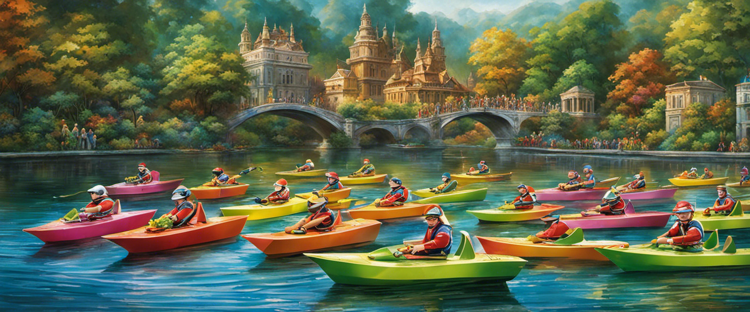 An image capturing the vibrant chaos of competitive leaf boat racing, showcasing intricately designed miniature boats, fervent racers clad in waterproof gear, and a cheering crowd amidst a scenic backdrop of lush greenery and shimmering water