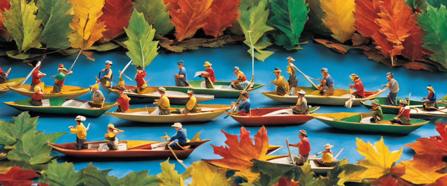An image capturing the vibrant chaos of a Competitive Leaf Boat Regatta Tournament: a kaleidoscope of meticulously crafted miniature leaf boats, eagerly racing along a winding stream, while enthusiastic spectators cheer from the sidelines