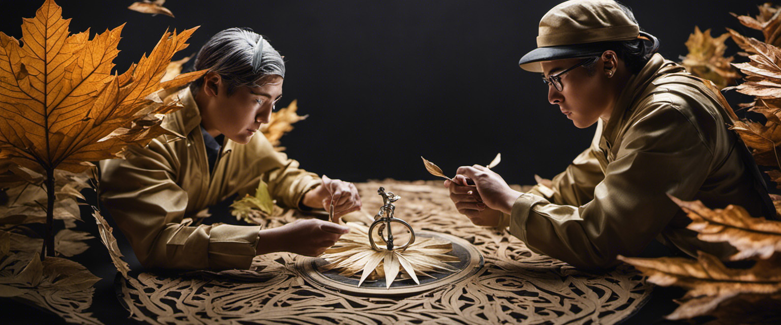 An image of two contestants intensely focused on folding intricate leaves, their hands expertly maneuvering tiny veins as they strive for lightning-fast speed