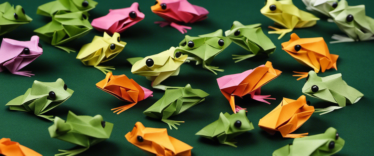 An image of two leaf frogs, meticulously folding origami leaves into intricate shapes
