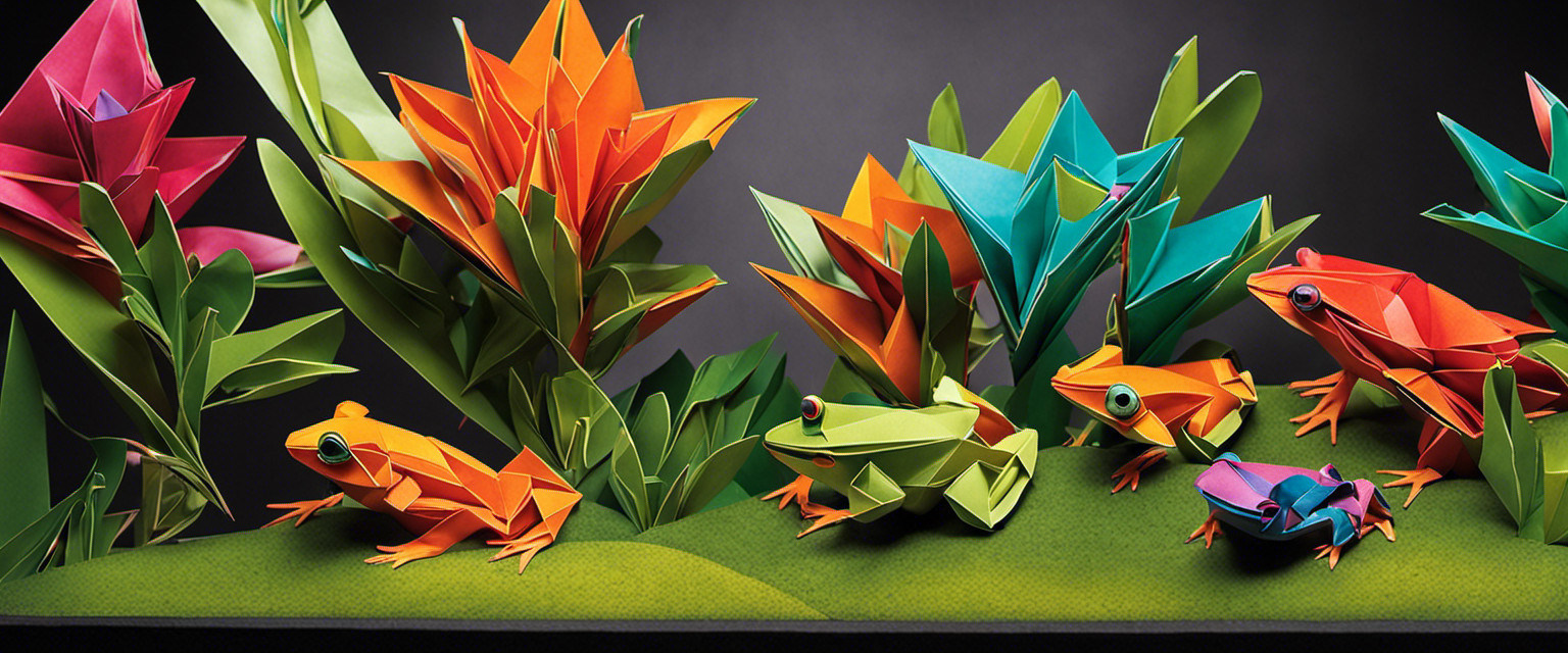 An image showcasing a vibrant arena filled with enthusiastic spectators, their eyes fixed on lightning-fast leaf frogs gracefully folding origami shapes