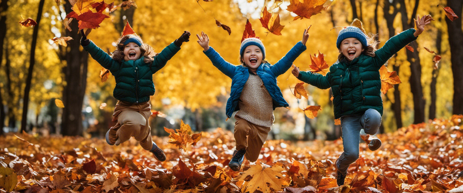 An image featuring two children, mid-leap, soaring above a colossal leaf pile