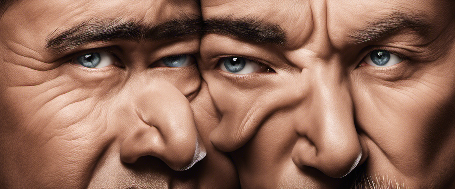 An image capturing the essence of Competitive Nose Wrinkling Proficiency Trials: two contestants, eyebrows furrowed, noses crinkled, eyes locked in fierce determination as they engage in a whimsical battle of facial agility
