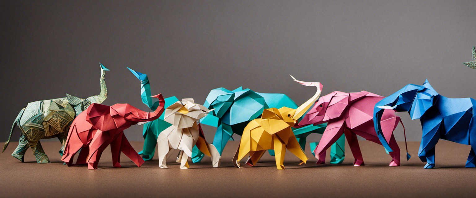 An image showcasing a whimsical collection of intricate origami animals, meticulously folded with precision