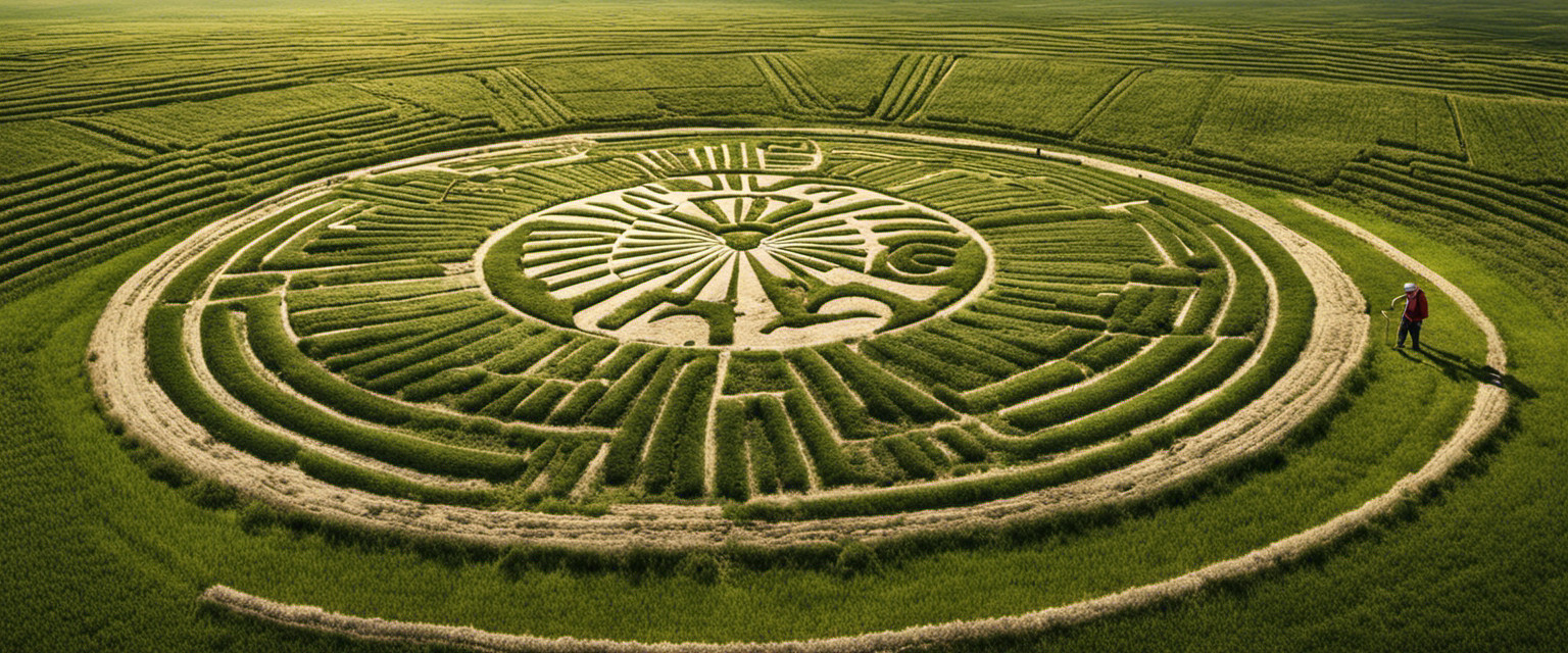 An image showcasing a farmer with a magnifying glass, meticulously examining a crop circle, surrounded by various tools like measuring tape, protractor, and GPS tracker, symbolizing the thorough debunking of crop circle theories