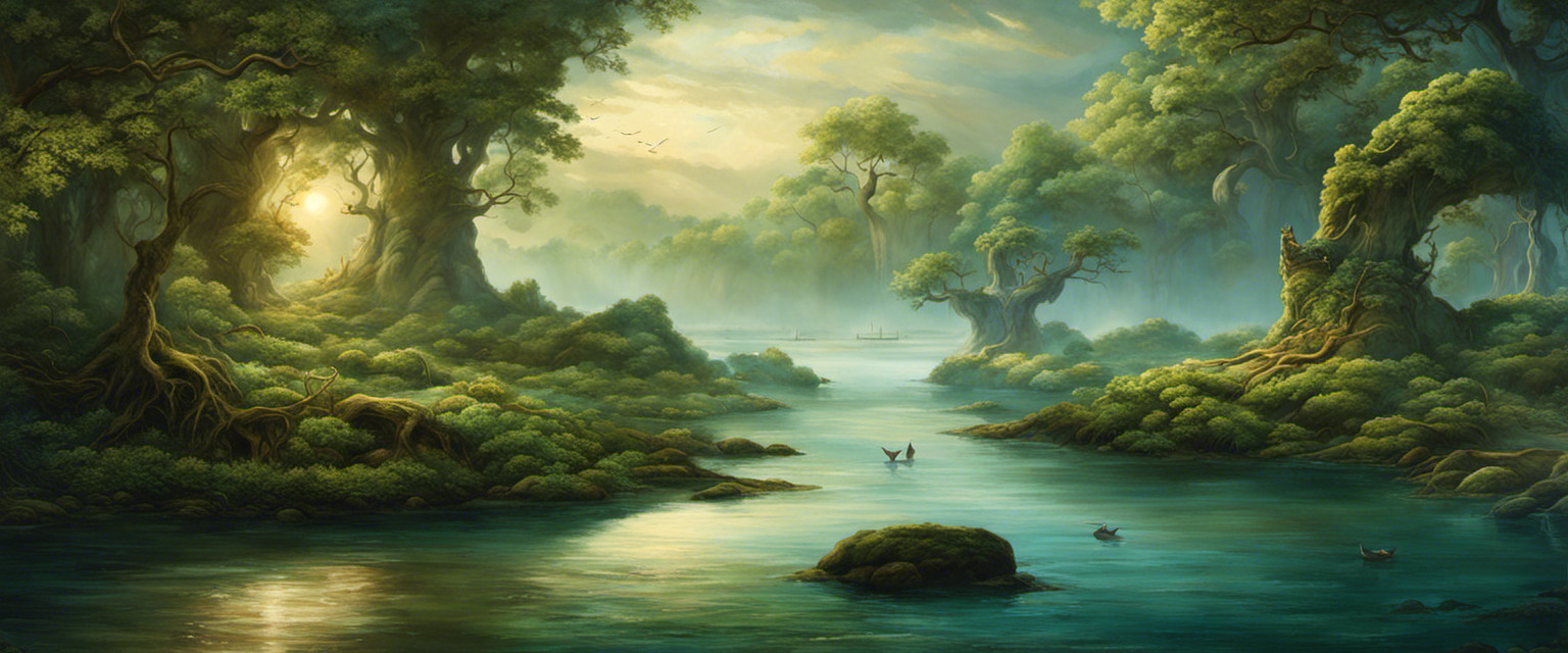 An image showcasing an ancient estuary, adorned with mystical symbols and surrounded by a lush forest