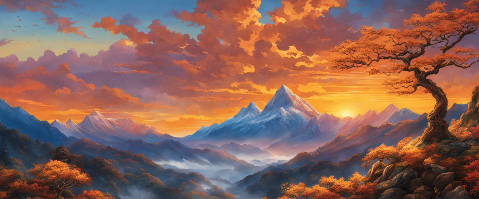 An image capturing the essence of cultural folklore surrounding mountains: depict a mesmerizing sunset casting golden hues over the towering peaks, as mythical creatures and ancient symbols intertwine with the landscape in a dance of enchantment