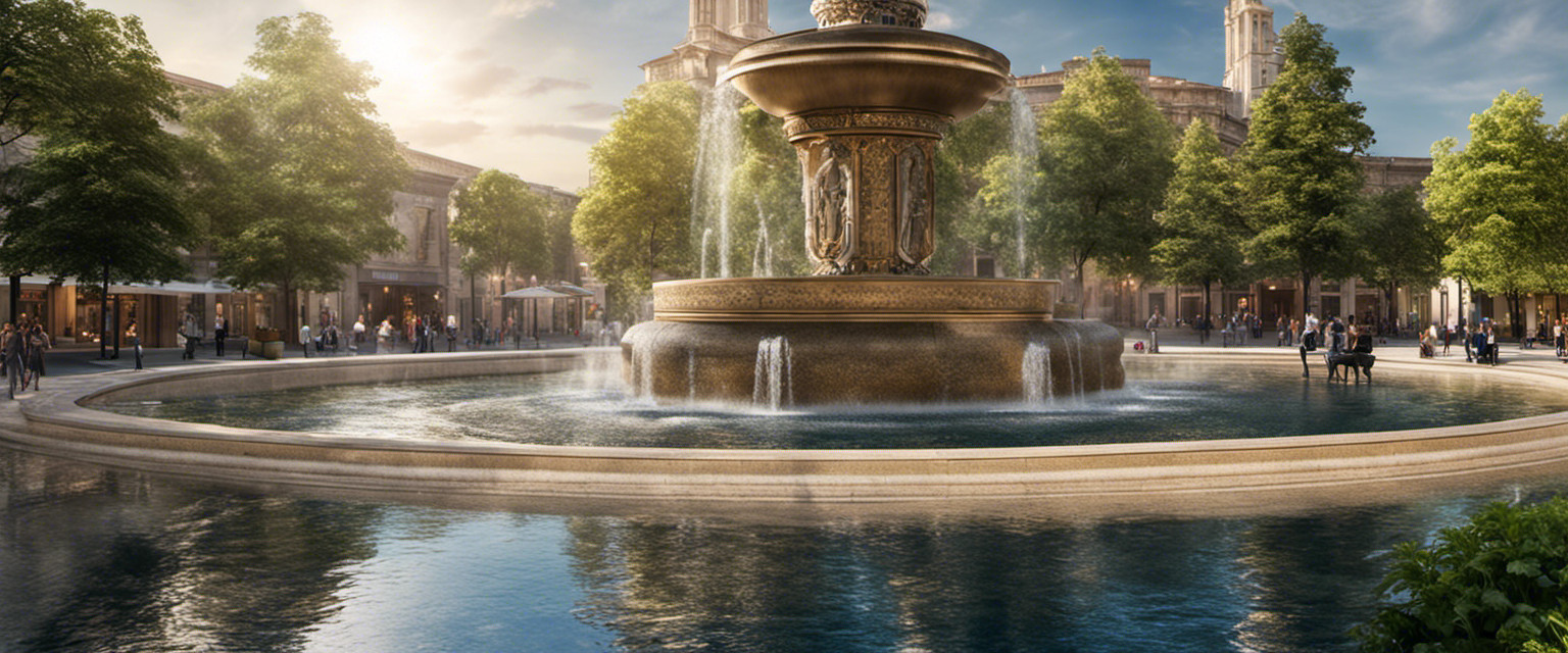 An image that captures the essence of the cultural significance of fountains in public spaces, showcasing their ornate sculptures and cascading water, surrounded by diverse communities engaging with the timeless symbol of tranquility and unity