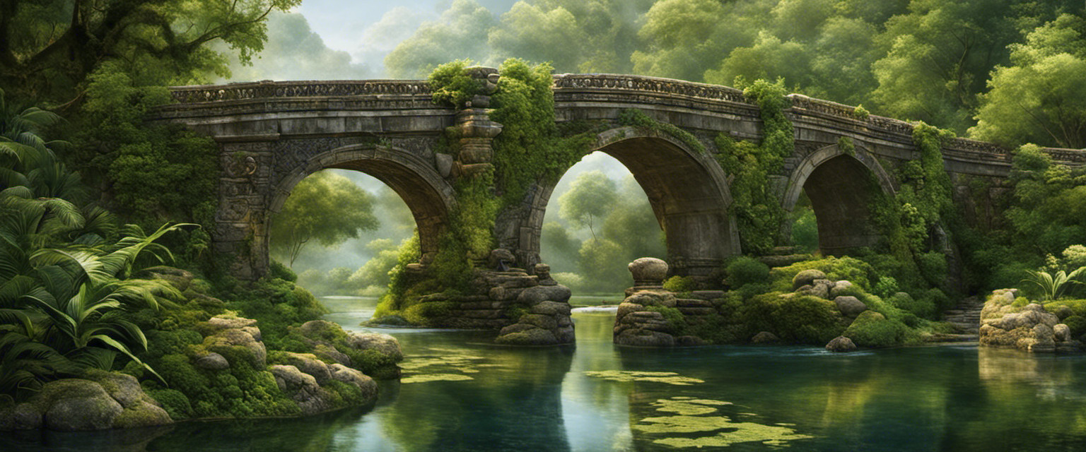 A thought-provoking image of a weathered stone bridge adorned with intricate carvings and symbols, standing defiantly amidst lush greenery, symbolizing forgotten tales and the enduring cultural legacy of ancient bridges