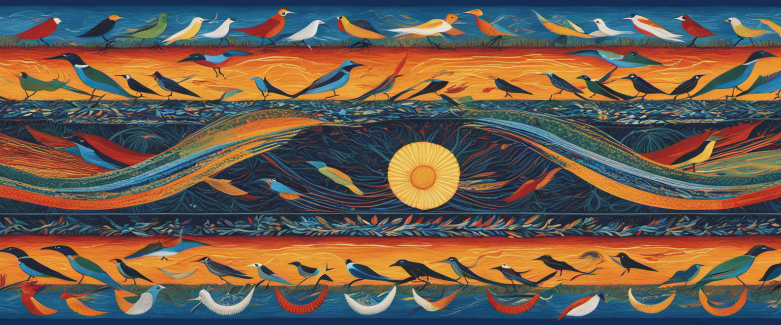 An image showcasing a vivid tapestry of intertwining flight paths, each representing a distinct pattern of bird migration