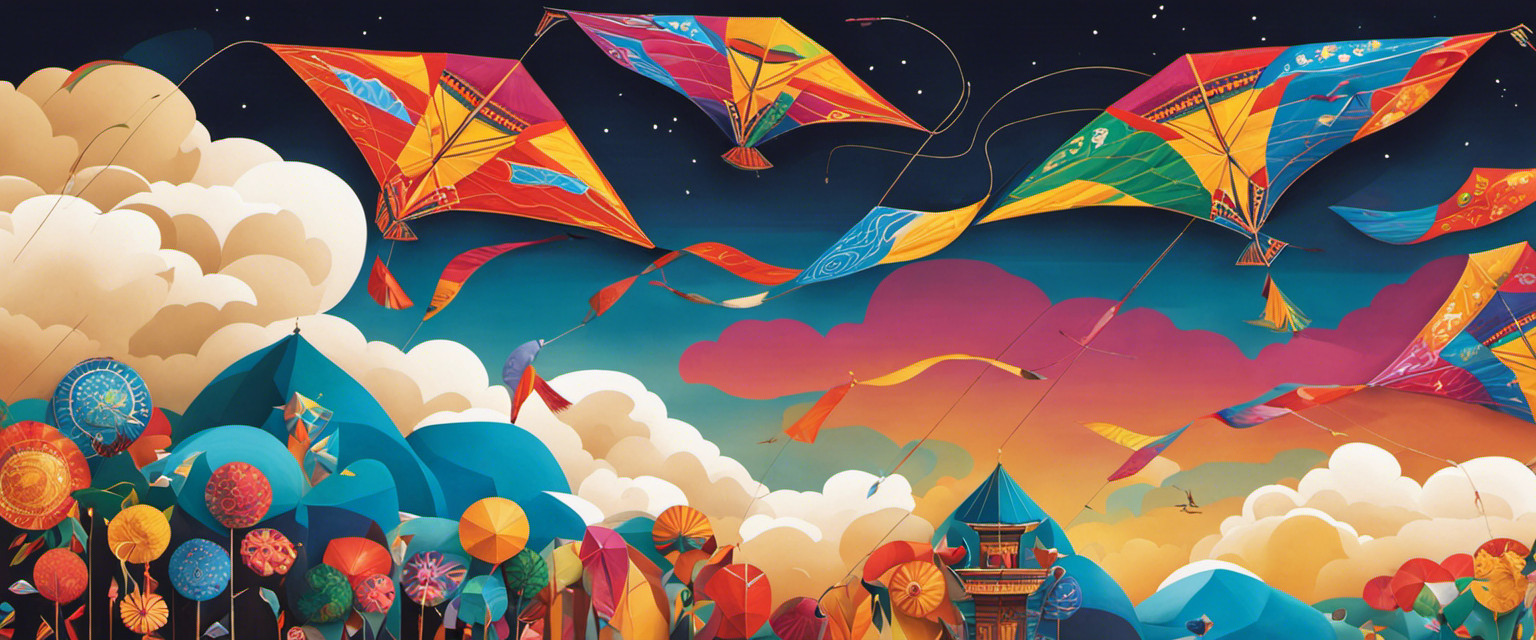 An image that depicts a colorful sky filled with intricately designed kites of various shapes and sizes, each representing a different country's cultural significance, showcasing the diverse global traditions of kite flying