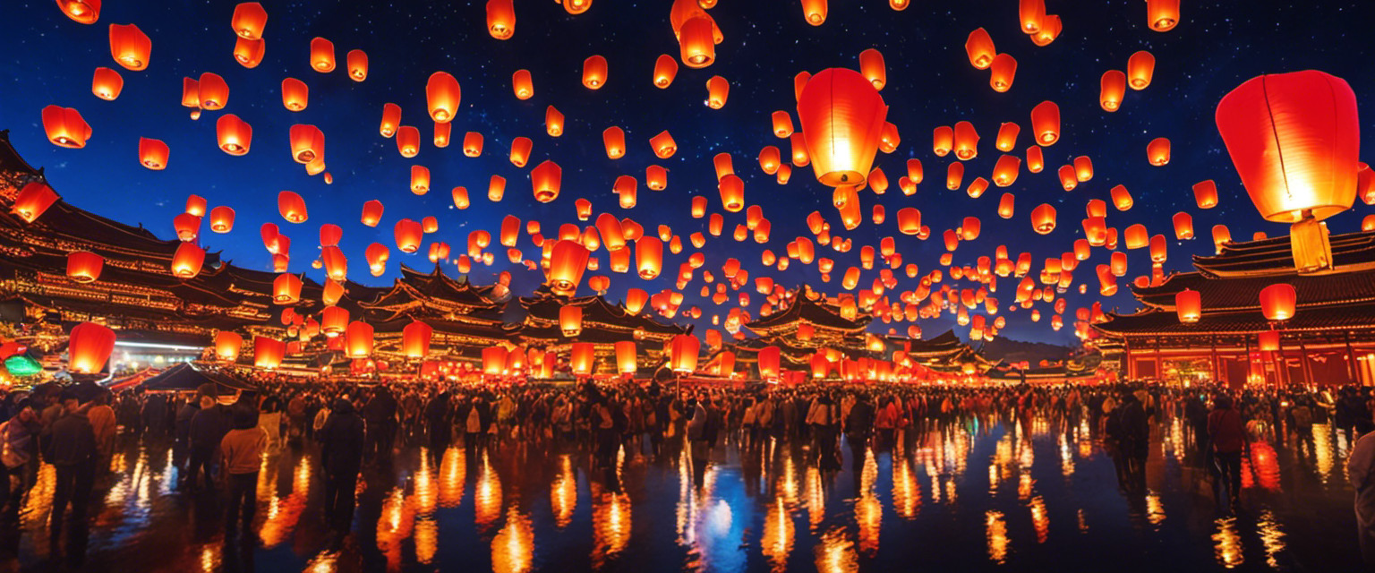 An image showcasing a vibrant night sky lit up by hundreds of colorful lanterns, gracefully floating above a bustling crowd, reflecting the rich cultural traditions and mesmerizing beauty of Lantern Festivals worldwide