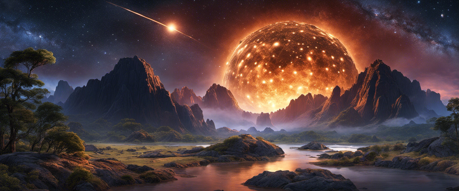 An image depicting an ancient landscape dotted with craters, where indigenous people gather around a glowing meteorite