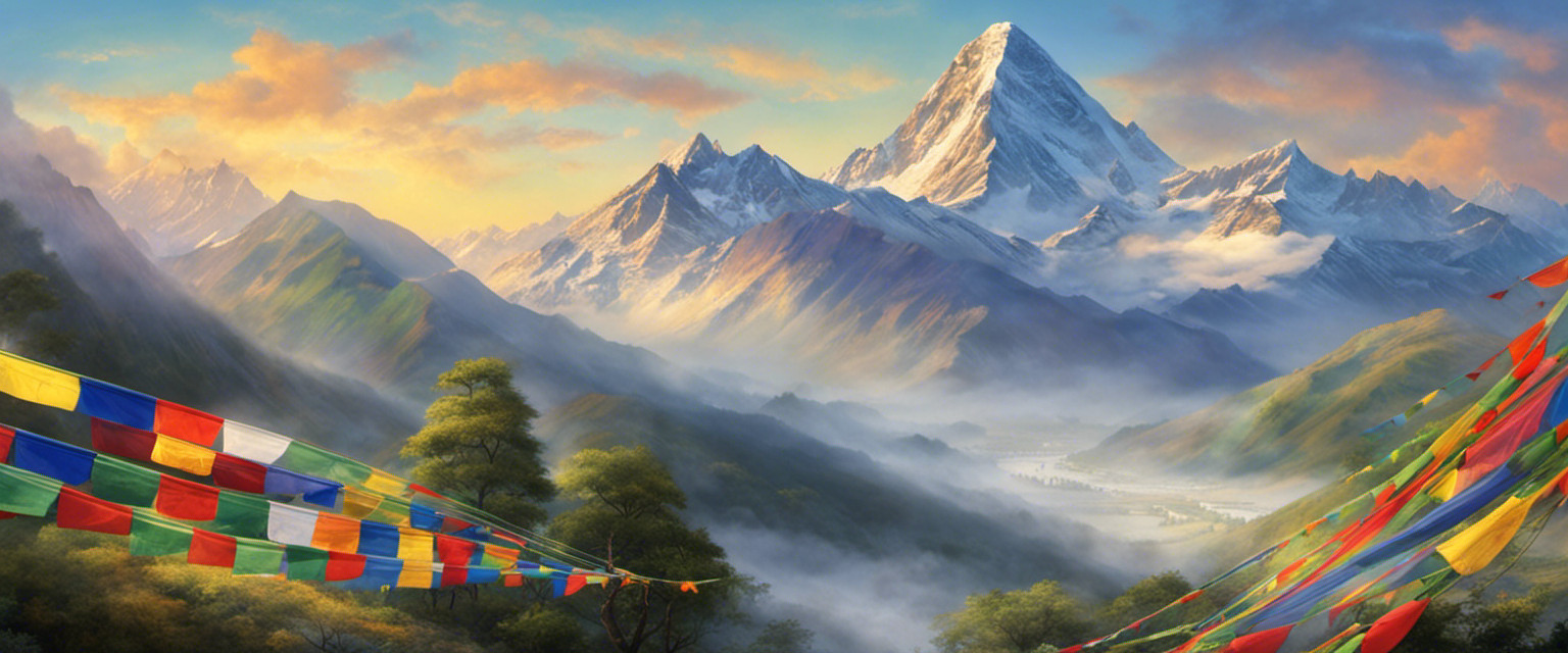 An image showcasing a towering sacred mountain, shrouded in mist, adorned with colorful prayer flags fluttering in the wind